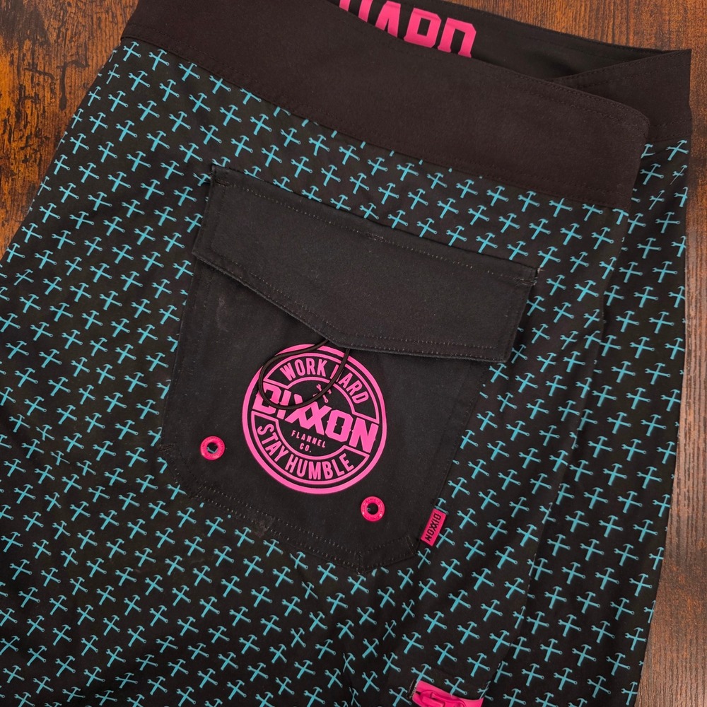 Dixxon Wrench Cross Board Shorts Mens 44 Black Teal Pink Moto Swim Trunks 10"